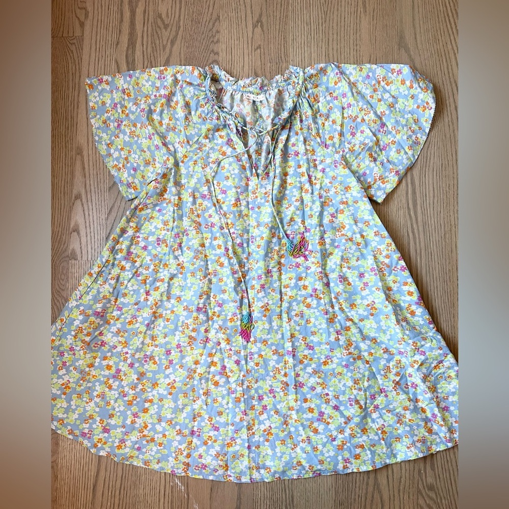 Roller Rabbit Floral Silk Cotton Blend Babydoll Tunic Mini Dress Beaded Ties